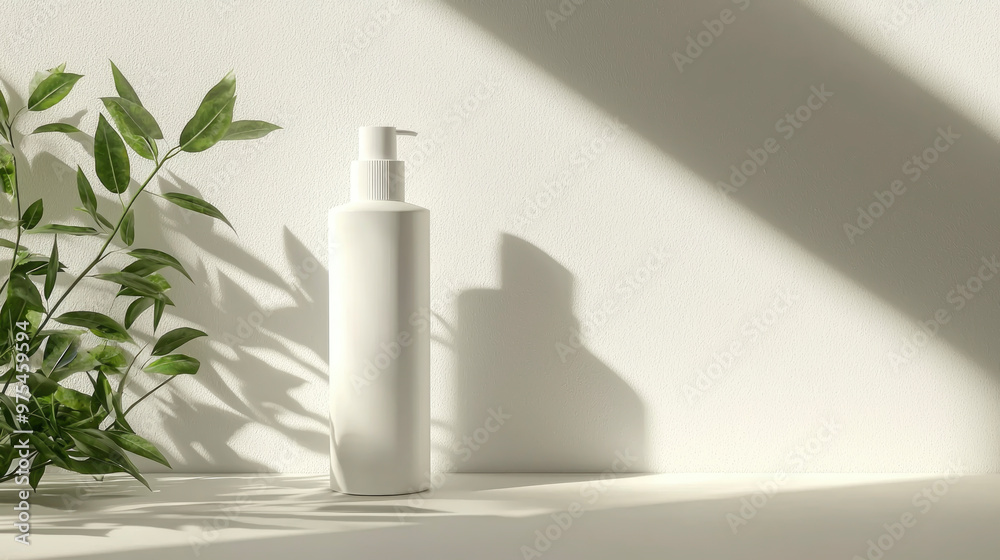 Product advertising mockup. Minimalist white bottle on a shelf with soft shadows and green leaves in a serene indoor setting. with copy space Product advertising mockup. Minimalist white bottle on a shelf with soft shadows and green leaves in a serene indoor setting. with copy space