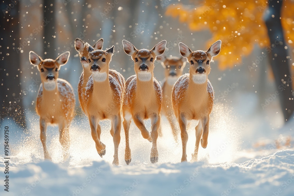 Herd of young deers running through snowy forest Herd of young deers running through snowy forest