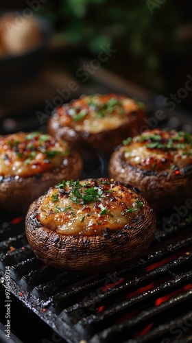 Portobello mushrooms getting grilled stuffed with cheese and herbs photo