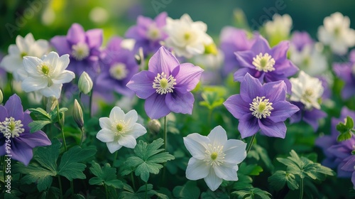 Purple and white anemones blooming in the spring garden