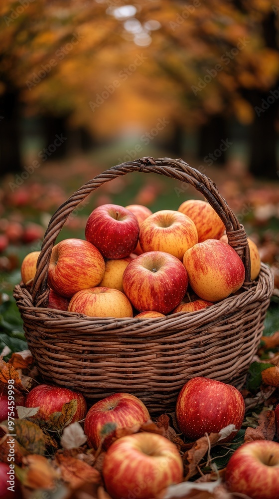 Wicker basket overflowing with apples in orchard setting Wicker basket overflowing with apples in orchard setting