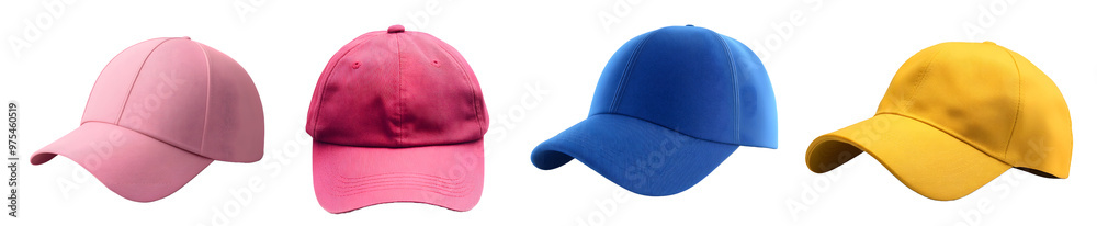 Pink, blue, yellow caps, hats isolated on a transparent PNG background, white background , cut out, clipping path, Generative Ai Pink, blue, yellow caps, hats isolated on a transparent PNG background, white background , cut out, clipping path, Generative Ai