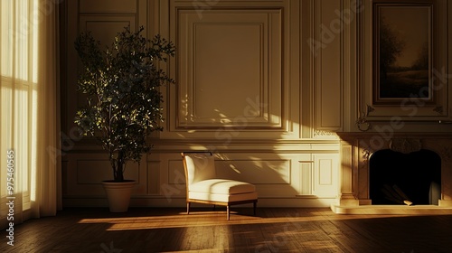 Wallpaper Mural A sunlit living room with a single chair, potted plant, fireplace, and large windows. Torontodigital.ca