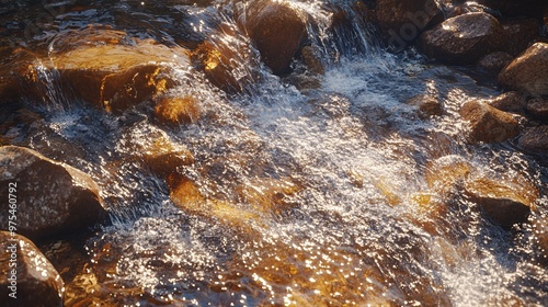 A stream of free-flowing water cascading over rocks, the water shimmering and swirling, capturing the essence of unrestricted movement and fluidity, the scene bathed in soft, golden light