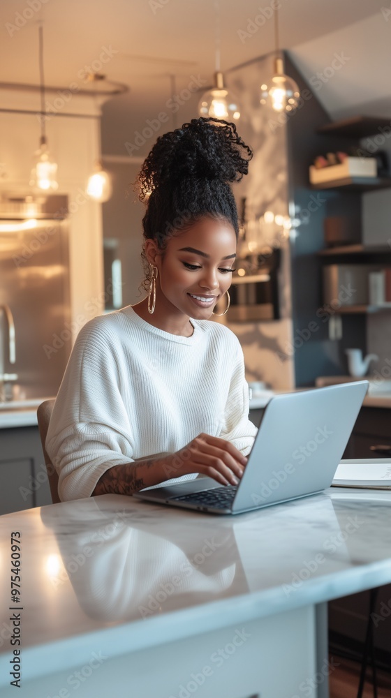 Afro-American Female Student Smiling and Engaged in E-Learning, Online Education, Remote Learning, and Digital Education at Home, Studying for University and Bootcamp Courses. Afro-American Female Student Smiling and Engaged in E-Learning, Online Education, Remote Learning, and Digital Education at Home, Studying for University and Bootcamp Courses.
