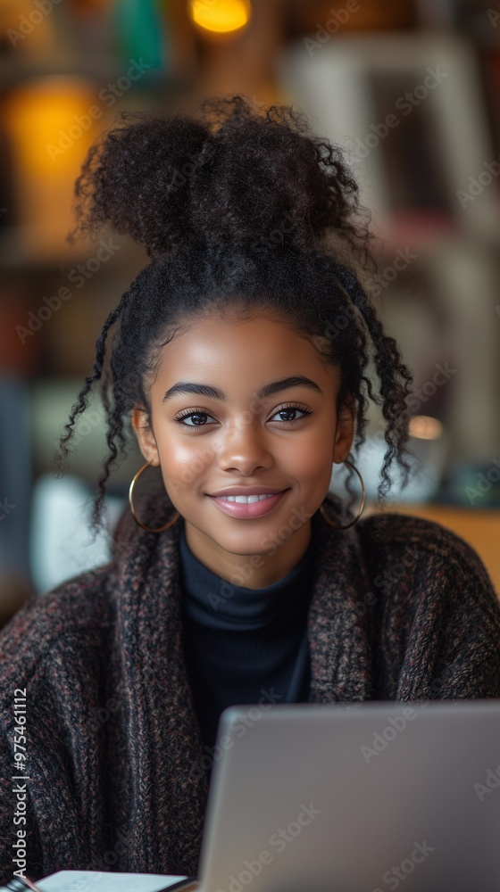 Fototapeta premium Afro-American Female Student Smiling and Engaged in E-Learning, Online Education, Remote Learning, and Digital Education at Home, Studying for University and Bootcamp Courses.