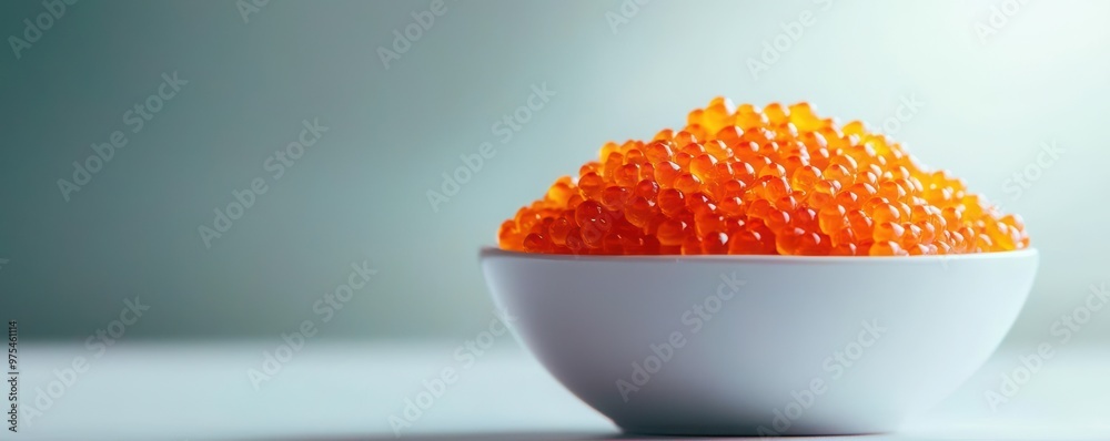 A close-up view of vibrant orange caviar displayed in a white bowl on a minimalistic background, perfect for culinary art. A close-up view of vibrant orange caviar displayed in a white bowl on a minimalistic background, perfect for culinary art.