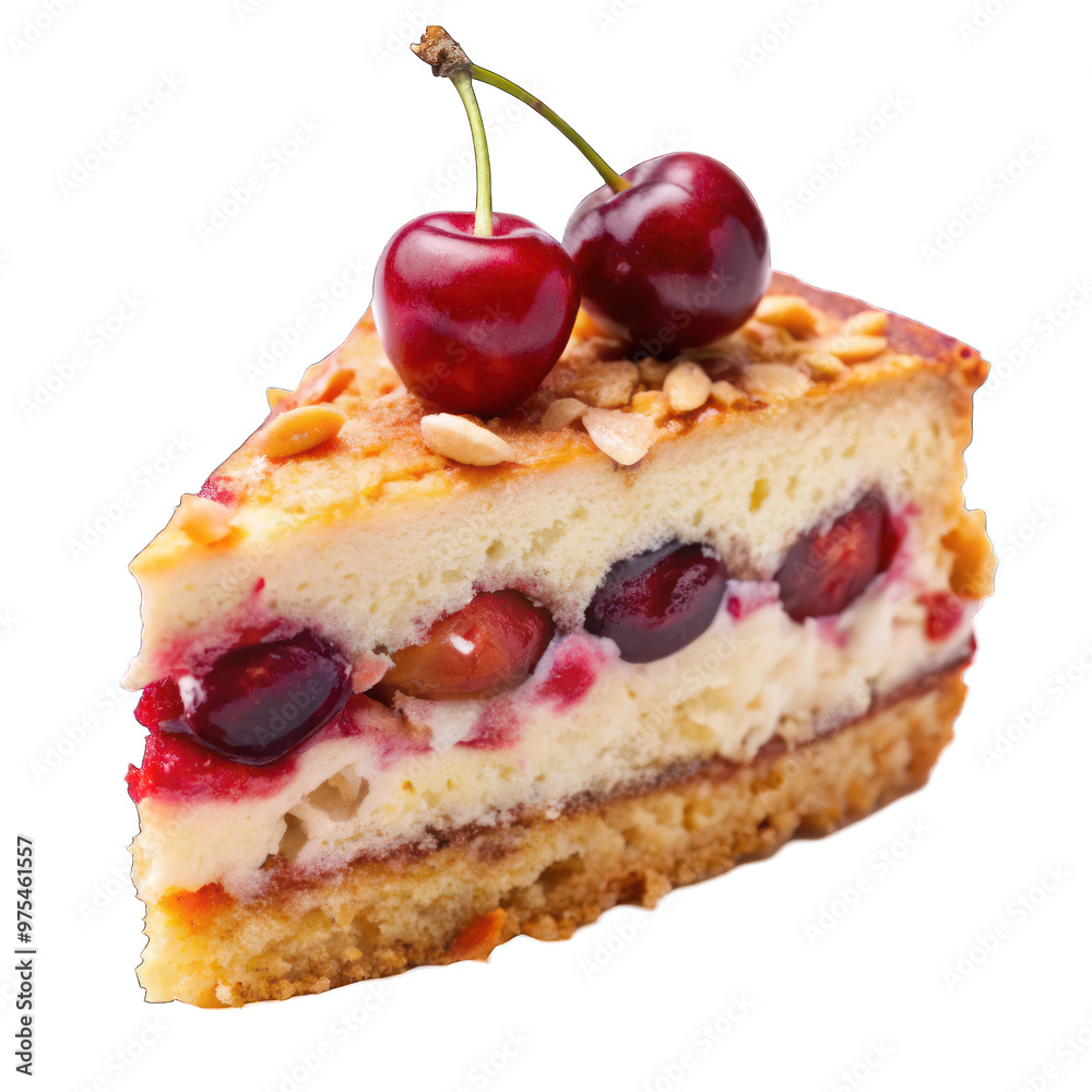 Slice of cake with cherries and almonds isolated on transparent background Slice of cake with cherries and almonds isolated on transparent background