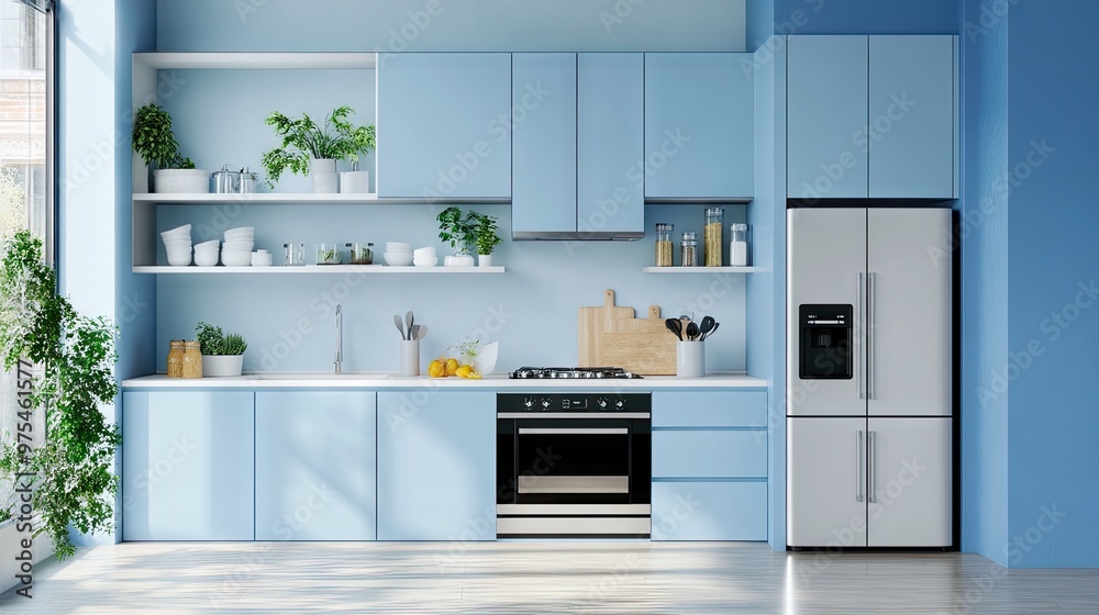Light blue kitchen with light blue cabinetry, white accents, and sleek appliances. Light blue kitchen with light blue cabinetry, white accents, and sleek appliances.