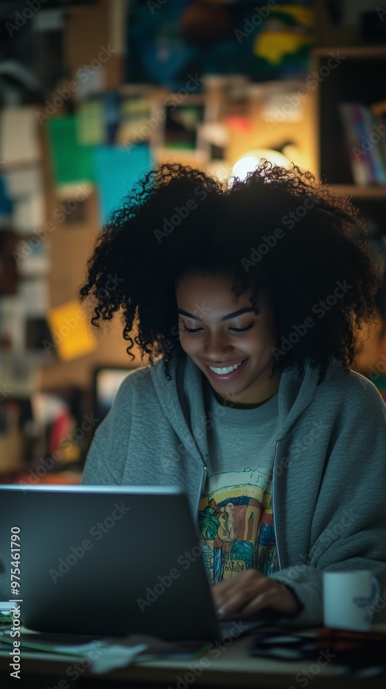 Afro-American Female Student Smiling and Engaged in E-Learning, Online Education, Remote Learning, and Digital Education at Home, Studying for University and Bootcamp Courses. Afro-American Female Student Smiling and Engaged in E-Learning, Online Education, Remote Learning, and Digital Education at Home, Studying for University and Bootcamp Courses.