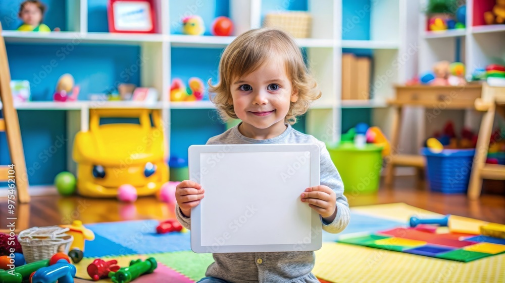 Playful Child with Blank Poster in Vibrant Playroom. Canvas for Creativity and Learning
