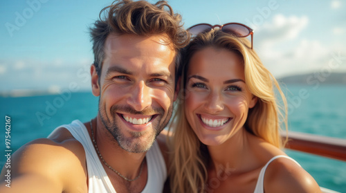 Vibrant Smiling Couples Enjoying a Scenic Cruise: Images for Travel, Love, and Adventure Enthusiasts