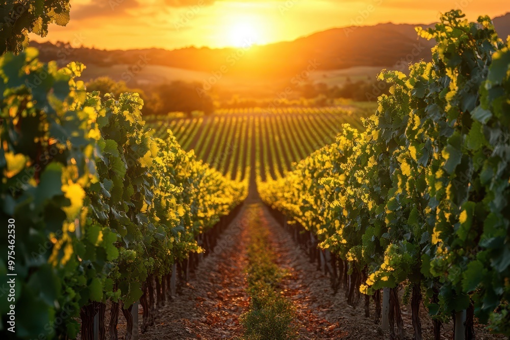Fototapeta premium sundappled vineyard with lush green grapevines stretching to the horizon golden light filters through leaves highlighting clusters of ripening fruit idyllic wine country scene