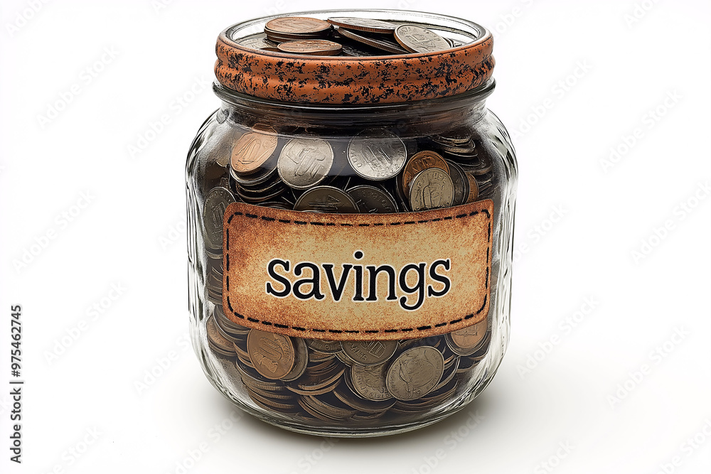 Glass Jar Full of Coins with Savings Label Glass Jar Full of Coins with Savings Label