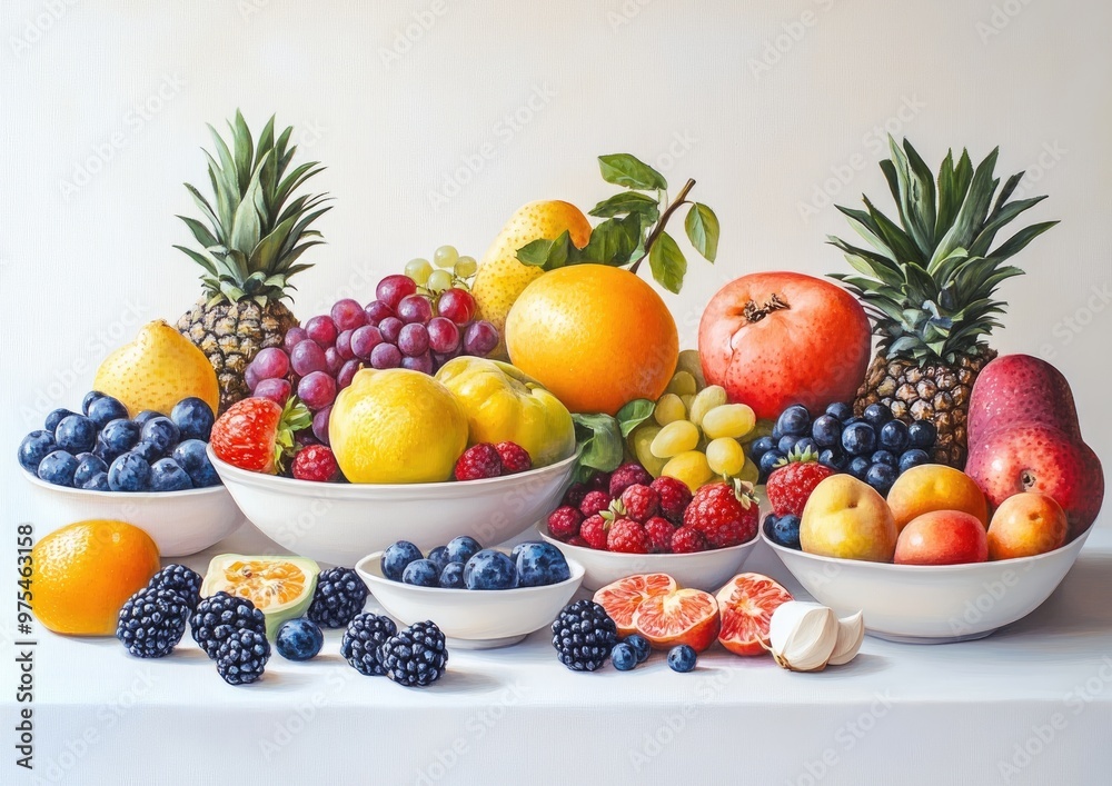 Vibrant oil painting featuring a variety of fresh fruits displayed on clean dishes against a white background showcasing an assortment of colorful fruits Vibrant oil painting featuring a variety of fresh fruits displayed on clean dishes against a white background showcasing an assortment of colorful fruits