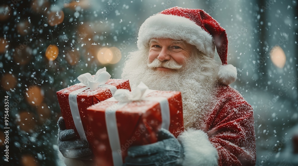 Santa Claus Carrying Red Christmas Gifts With White Ribbons Surrounded on a Red Background Santa Claus Carrying Red Christmas Gifts With White Ribbons Surrounded on a Red Background
