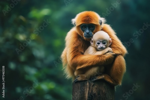 A loving monkey embraces its baby in a serene forest. This image captures the beauty of nature and the bond between mother and child. Ideal for wildlife lovers. Generative AI