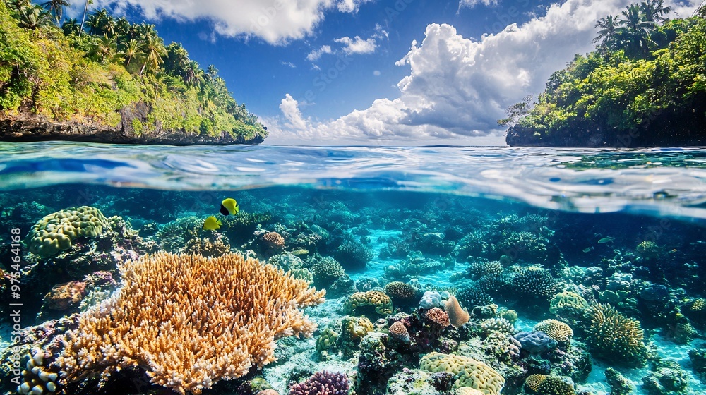 Naklejka premium Tropical Island with Coral Reef and Split Ocean View