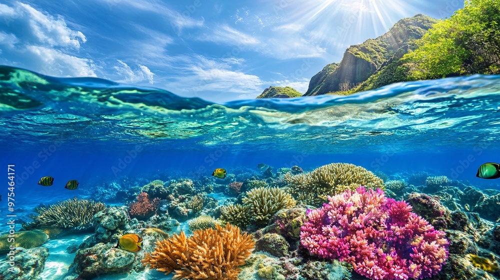 Naklejka premium Tropical Island with Coral Reef and Split Ocean View