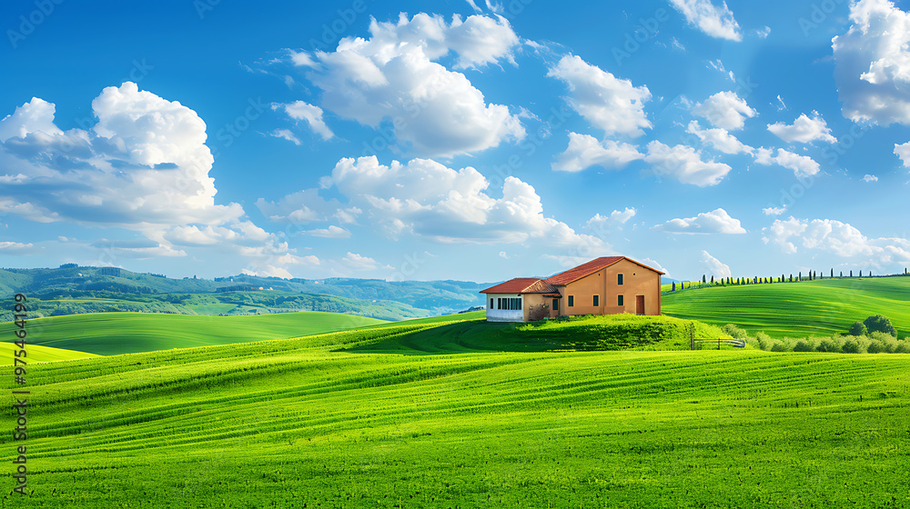 Perfect green field with green grass and blue sky. Generative AI. Perfect green field with green grass and blue sky. Generative AI.