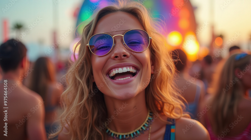 Vibrant Smiling Face at Music Festival | Joyful Festival Goer with Colorful Lights and Positive Vibes