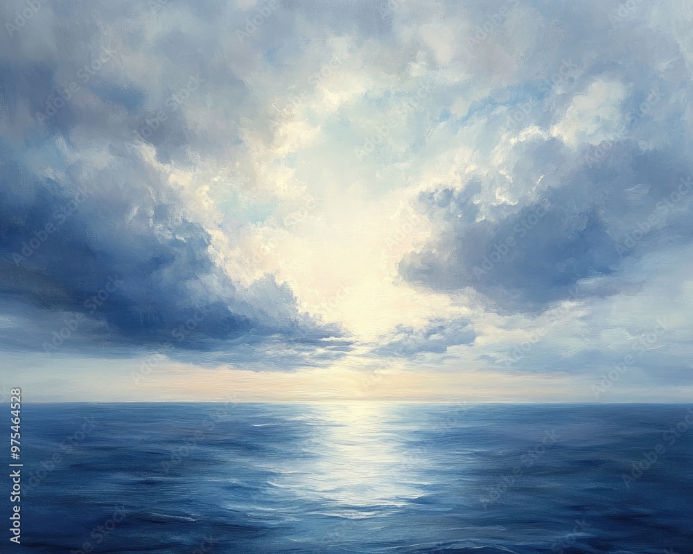 Vibrant oil painting depicting a serene sea panorama featuring an expansive horizon and a cloudy sky showcasing shimmering waters and dramatic cloud formations Vibrant oil painting depicting a serene sea panorama featuring an expansive horizon and a cloudy sky showcasing shimmering waters and dramatic cloud formations
