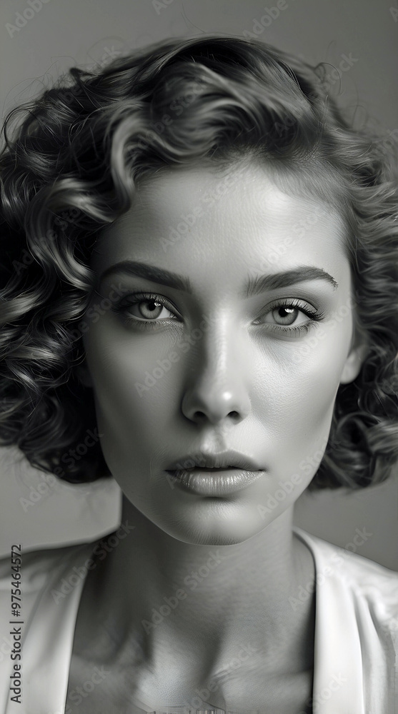 Fototapeta premium Timeless Beauty with Soft Curls in Classic Black and White Portrait
