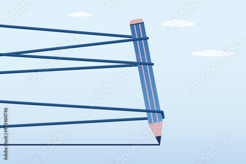 Pencil entangled in ropes. Giant pencil trying to drawing with full effort. Overcoming obstacles concept, business difficulty or struggle, career way to success.