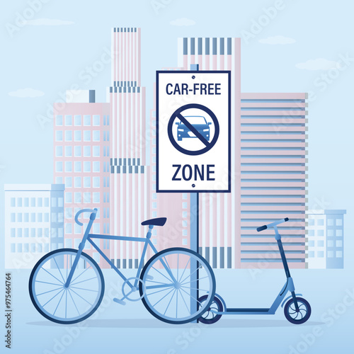 World Car Free Day. Car free zone, bike and scooter on parking. Urban life with a focus on walking, zones without automobiles. Sustainable city concept.