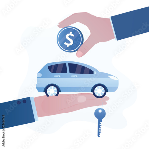 Buyer hand put money into car. Transport leasing or car loan, borrow money to buy new car, rental or auto maintenance cost, debt, purchase or buy new vehicle concept.