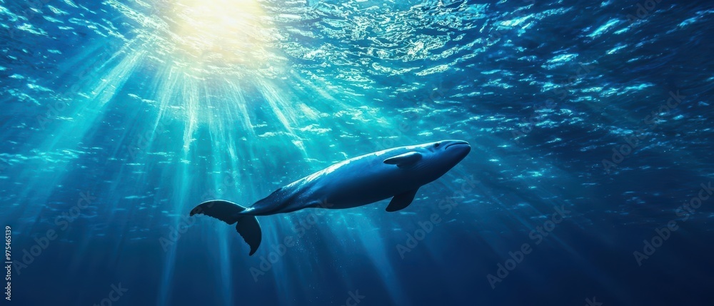 Naklejka premium A stunning underwater scene featuring a majestic whale gliding gracefully through sunlit waters, showcasing ocean beauty.