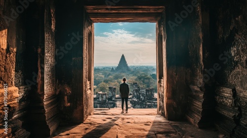 Man silhouetted in ancient doorway gazing at distant temple.