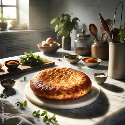 Fresh Paraoa Parai Bread on White Marble Counter photo