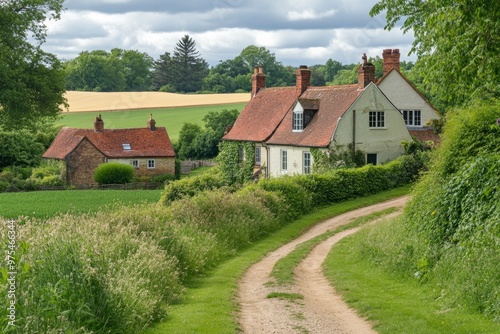 Charming countryside homes on a winding dirt road. Lush green fields surround these beautiful cottages. A peaceful retreat in nature. Generative AI