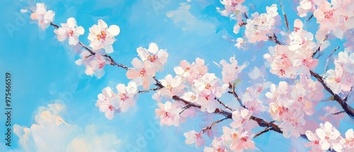 Oil painting depicting fully bloomed cherry blossoms against a blue sky backdrop