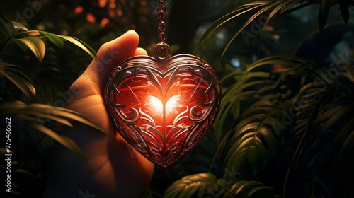 A heartshaped pendant glowing on a treasure hunters palm, unearthed from ancient soil in this adventurous illustration photo