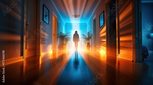 Silhouette of a Person Walking Through a Glowing Corridor