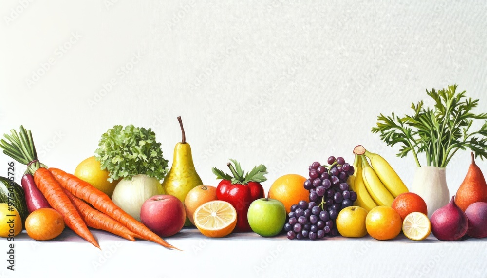 Panoramic oil painting featuring a variety of healthy vegetables and fruits isolated on a white background including apples bananas grapes pears carrots and citrus with space for text Panoramic oil painting featuring a variety of healthy vegetables and fruits isolated on a white background including apples bananas grapes pears carrots and citrus with space for text