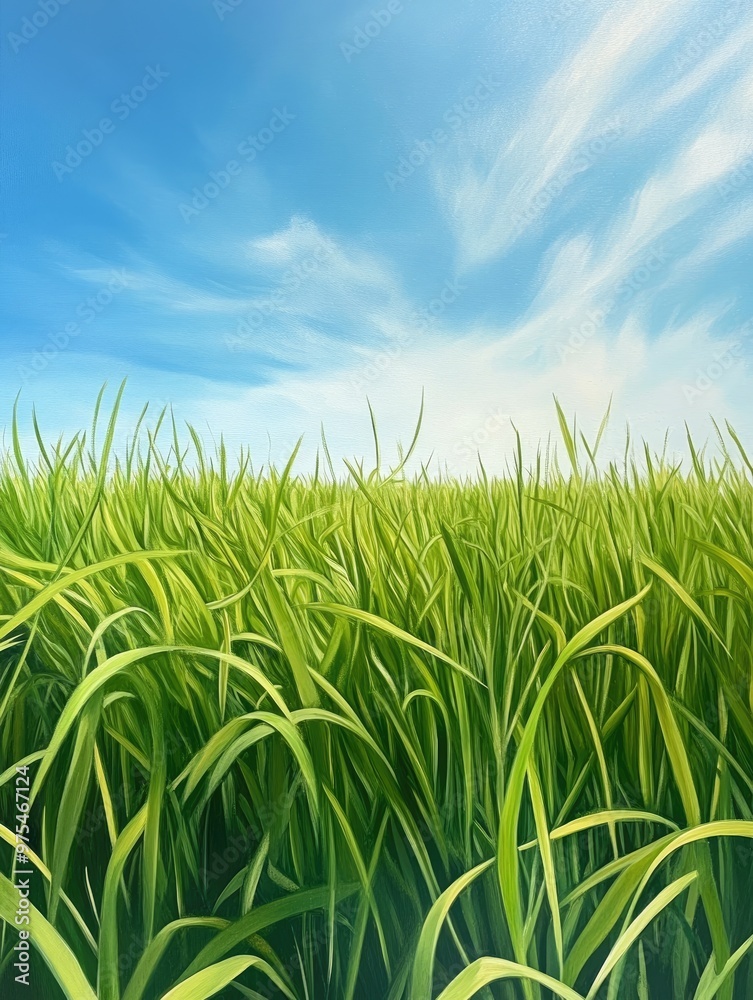 Oil painting showcasing lush green grass with a backdrop of a clear blue sky capturing the essence of a vibrant natural landscape Oil painting showcasing lush green grass with a backdrop of a clear blue sky capturing the essence of a vibrant natural landscape