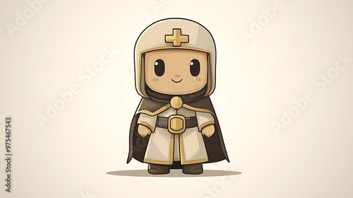 Cute Chibi Style Medieval Cleric Character in White and Gold Color Palette with Detailed Background - Vector Illustration