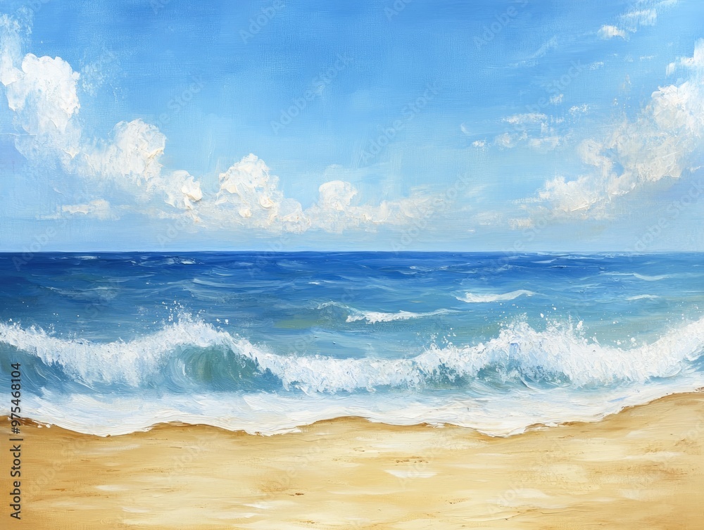 Oil painting depicting a tranquil beach scene with waves and sandy shores