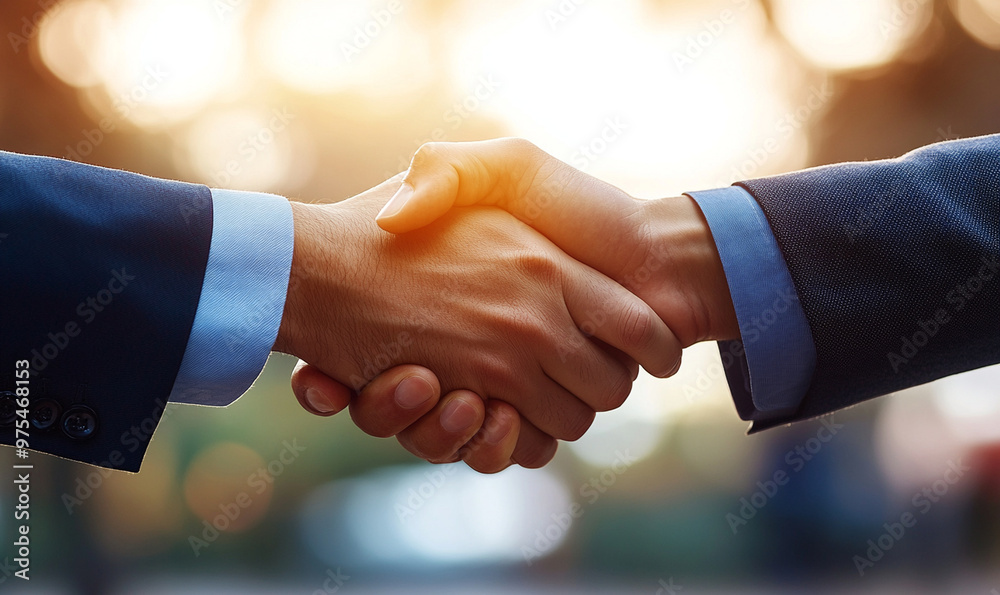 Two professionals exchanging firm handshakes after negotiation, symbolizing agreement and partnership. background is softly blurred with warm sunlight