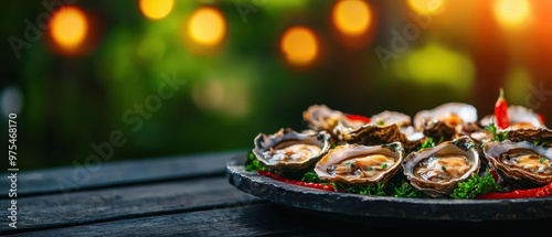 Delicious fresh oysters plated elegantly with herbs, perfect for a gourmet dining experience at outdoor gatherings.