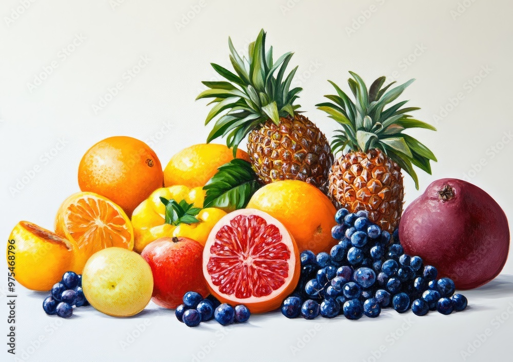 Still life oil painting of assorted fruits on a white background showcasing a vibrant collection of various fruits Still life oil painting of assorted fruits on a white background showcasing a vibrant collection of various fruits