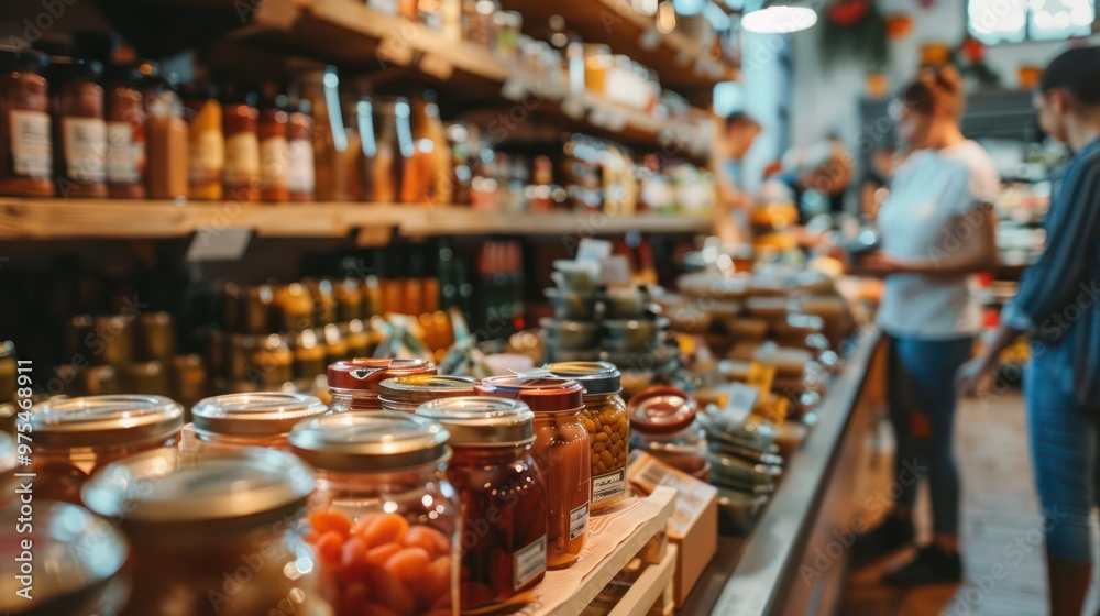 A close-up shot of a grocery store counter with various jars of products displayed on shelves. People are shopping and interacting with staff in the background. A close-up shot of a grocery store counter with various jars of products displayed on shelves. People are shopping and interacting with staff in the background.