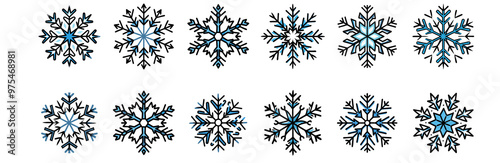 Black and blue detailed snowflakes for holiday and winter themes