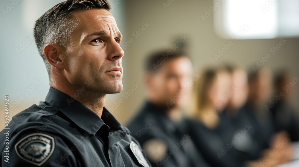 A focused police officer attending a training session, showcasing dedication and professionalism in law enforcement. A focused police officer attending a training session, showcasing dedication and professionalism in law enforcement.