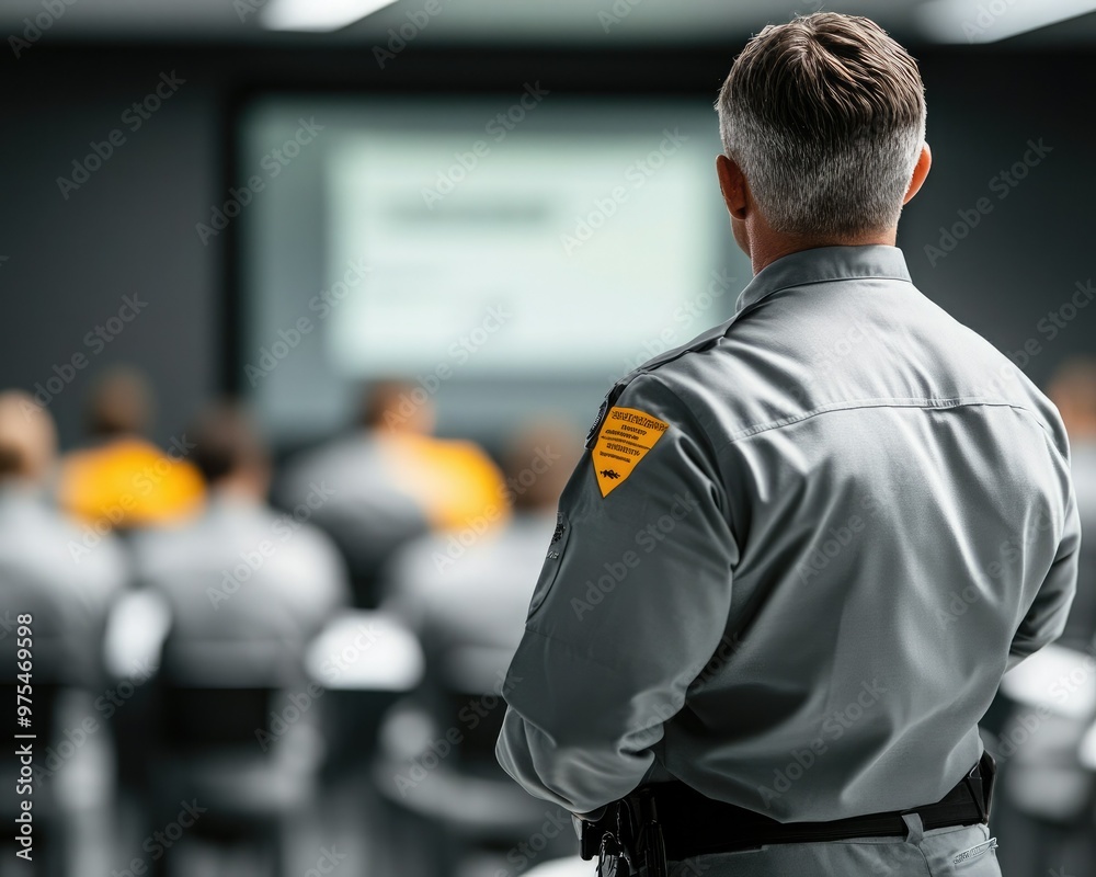 A law enforcement officer leads a training session, highlighting teamwork and communication in a modern classroom setting. A law enforcement officer leads a training session, highlighting teamwork and communication in a modern classroom setting.
