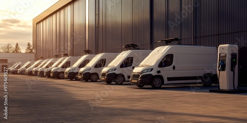 A row of white delivery vans parked neatly in a large parking area. The vans belong to a transporting service company. photo