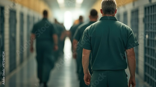 A group of inmates walking down a prison corridor, showcasing the somber atmosphere of incarceration.